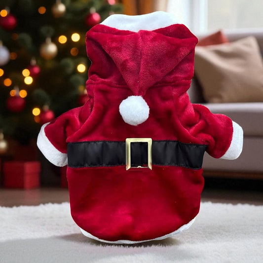 Abrigo navideño para perro, diseño Santa Claus con cinturón negro y detalle de pompon blanco.