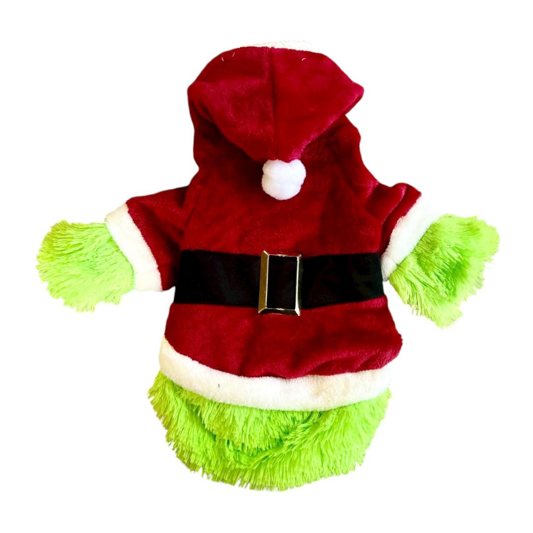 Detalle del peluche verde del disfraz Grinch para perro, suave, cálido y de alta calidad.
