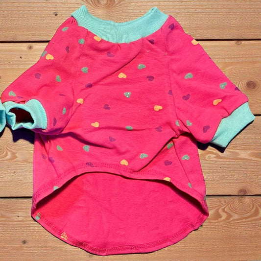 Diseño de playera para perro color rosa vibrante con estampado de corazones y ribetes turquesa