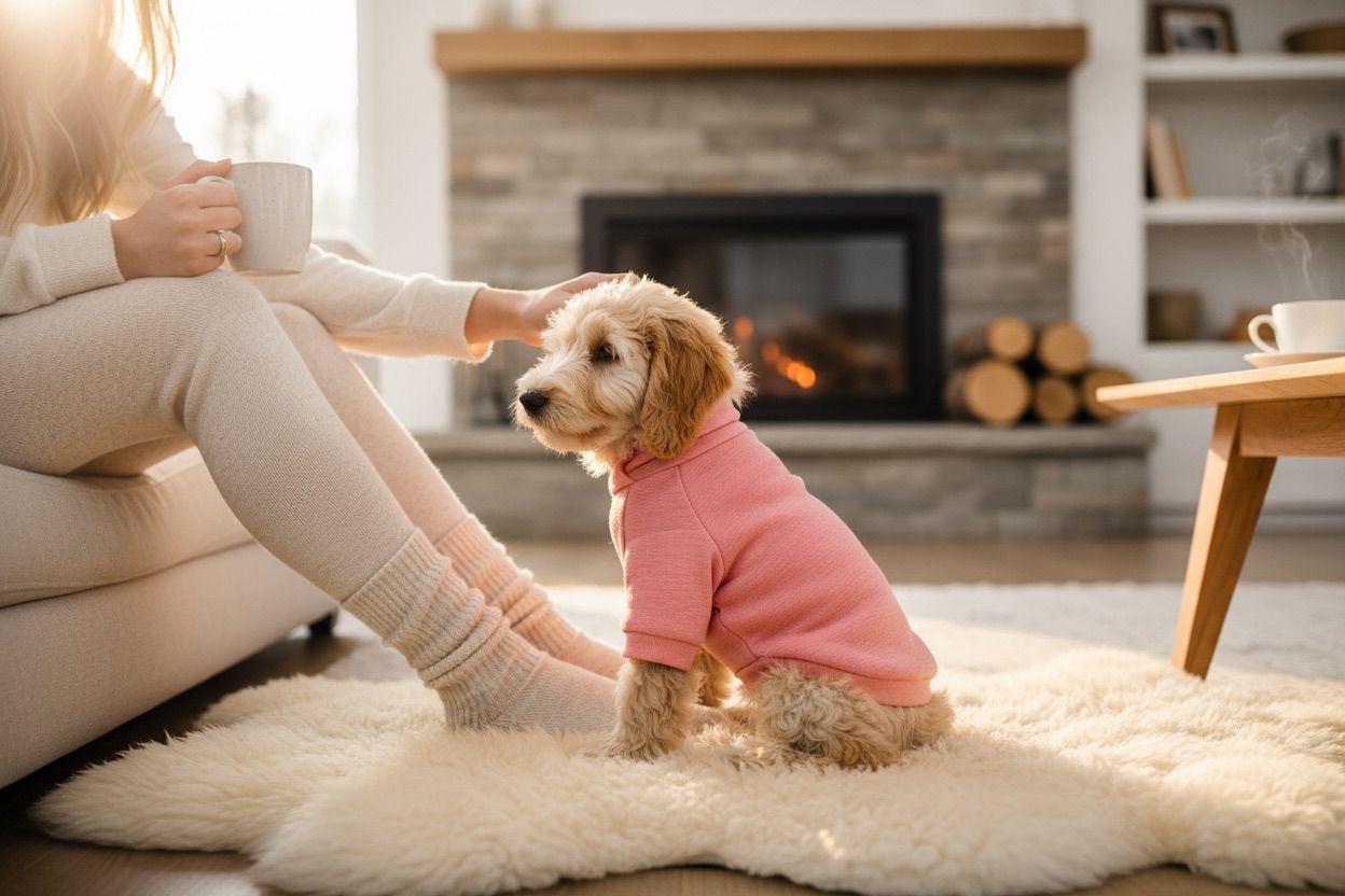 Perro junto a chimenea usando suéter melón, estilo acogedor