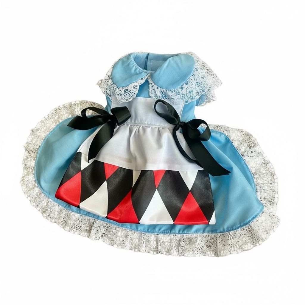 Vestido alice para perro con cuello redondo encaje blanco y falda de rombos