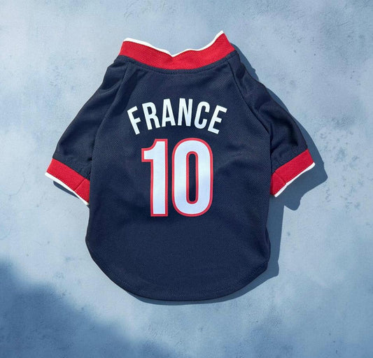 Jersey perro Francia espalda con nombre y número personalizable, azul rojo y blanco