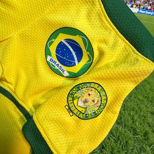 Acercamiento a la calidad de los parches y tela de la playera de la Selección de Brasil para mascotas