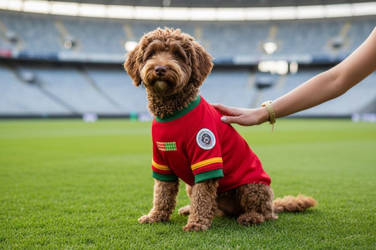 Perrito usando la playera de la Selección de Portugal para perro edición Mundial 2026 de Zona de Perros en una cancha de fútbol