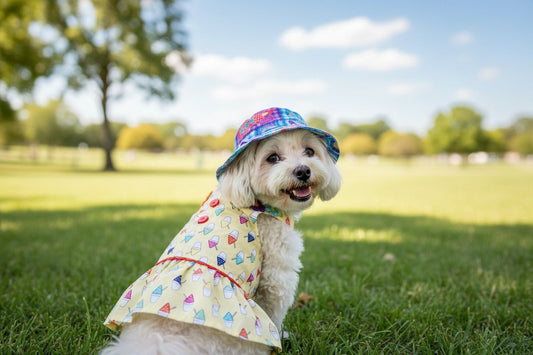 Perrita blanca paseando en el parque con vestido amarillo y sombrero para el sol