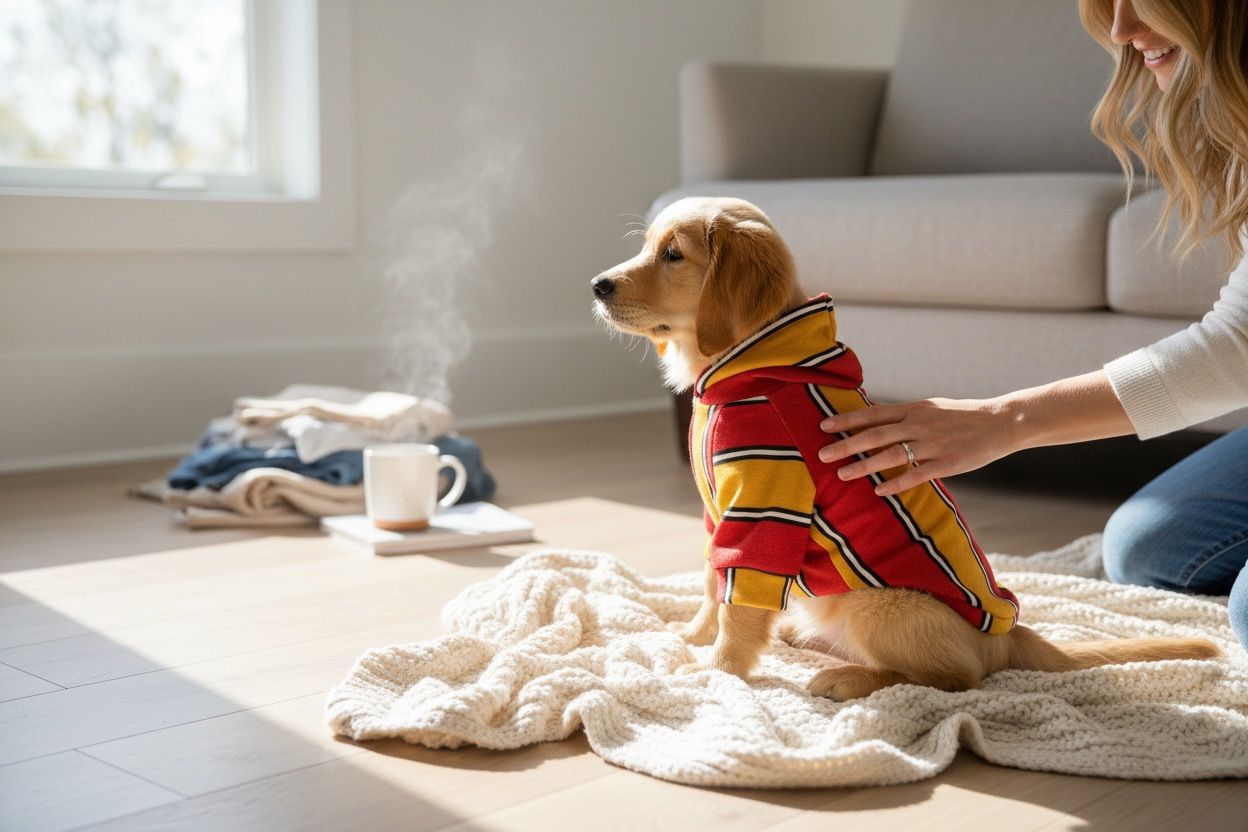 perro usando sueter de rayas mostaza y vino con cuello cruzado diseño calido y moderno coleccion 2025 zona de perros