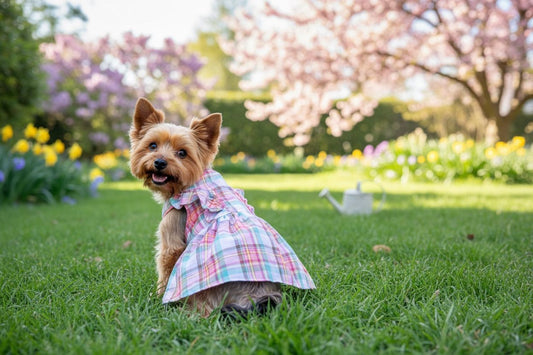 Perrita Yorkie usando un vestido de cuadros rosas en el parque.