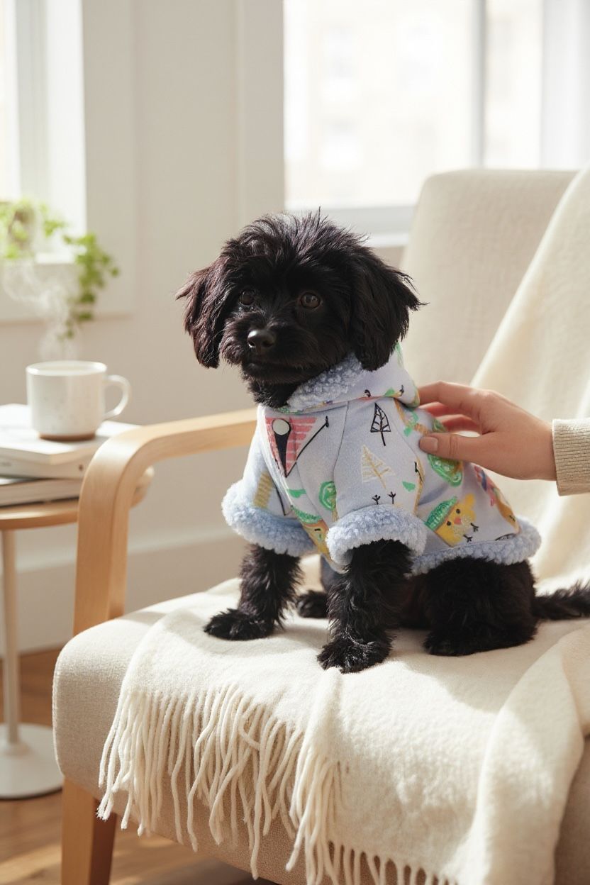 Perro pequeño usando chaqueta azul con estampado de ositos y forro afelpado