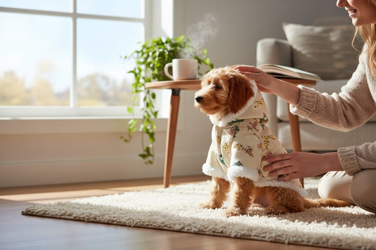 Perro pequeño usando chaqueta beige con estampado de jirafas y forro blanco