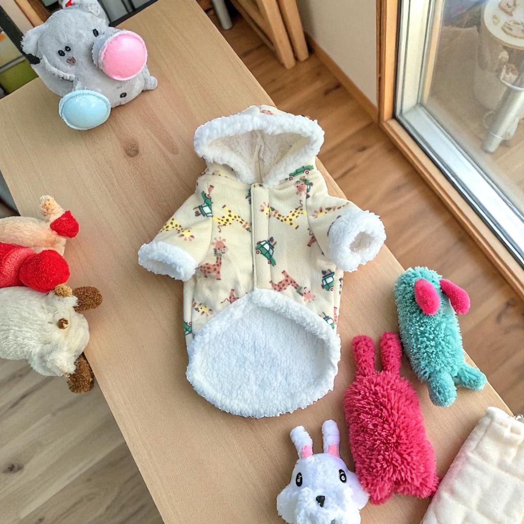 Chaqueta beige para perro en mesa junto a peluches y luz natural