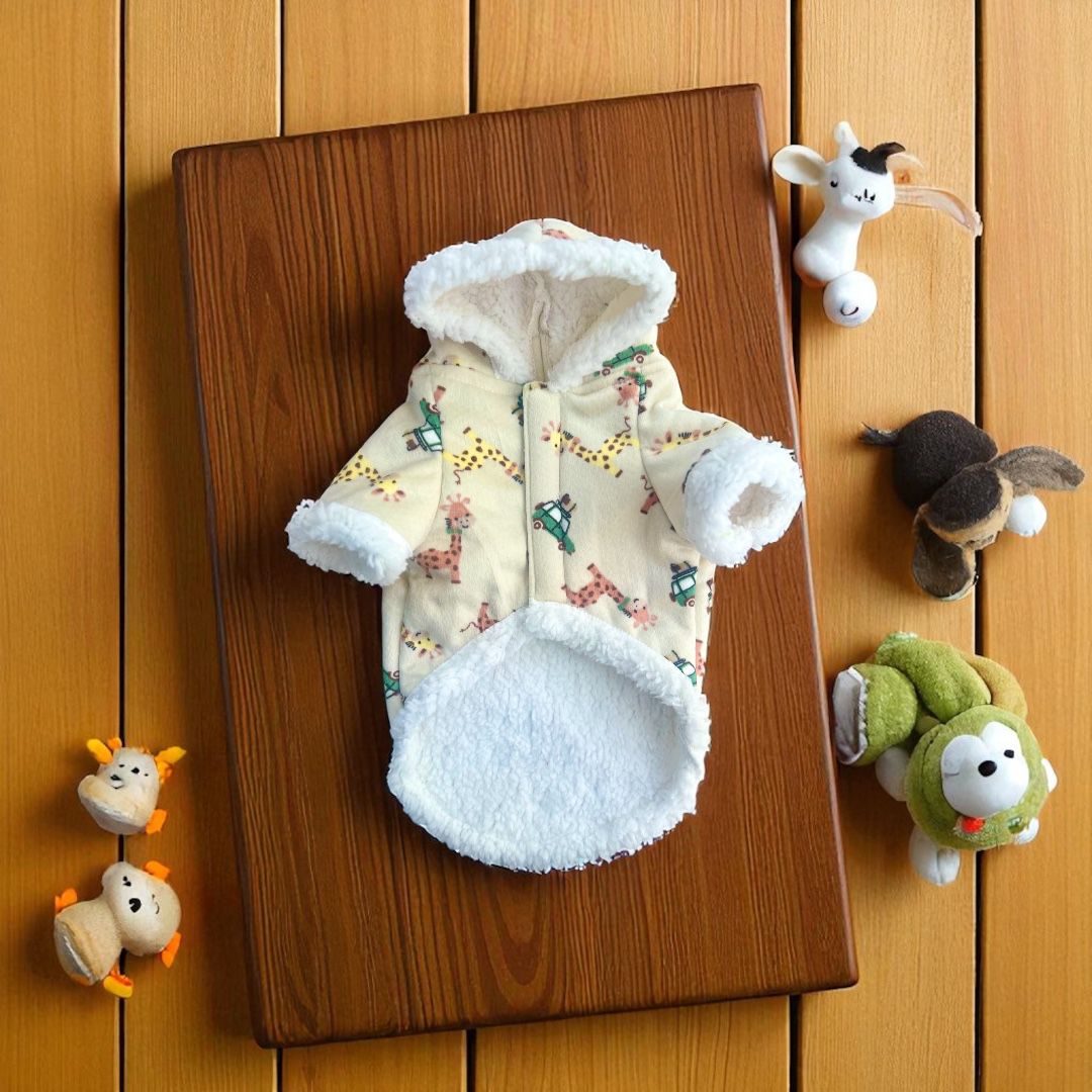 Chaqueta beige con forro blanco sobre base de madera rodeada de juguetes