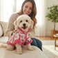 Perro pequeño usando chaqueta rosa con estampado de carita sentado en el sofá