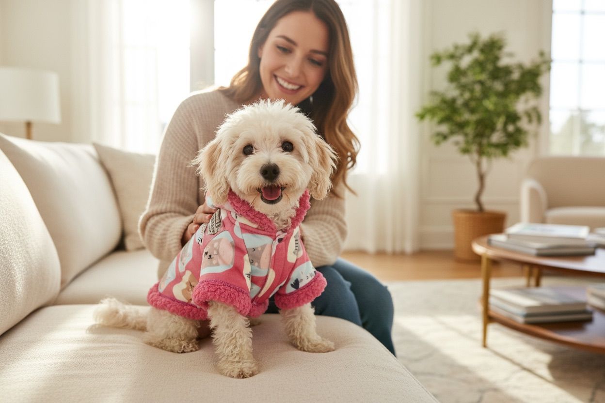 Perro pequeño usando chaqueta rosa con estampado de carita sentado en el sofá