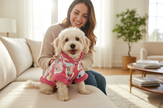 Perro pequeño usando chaqueta rosa con estampado de carita sentado en el sofá