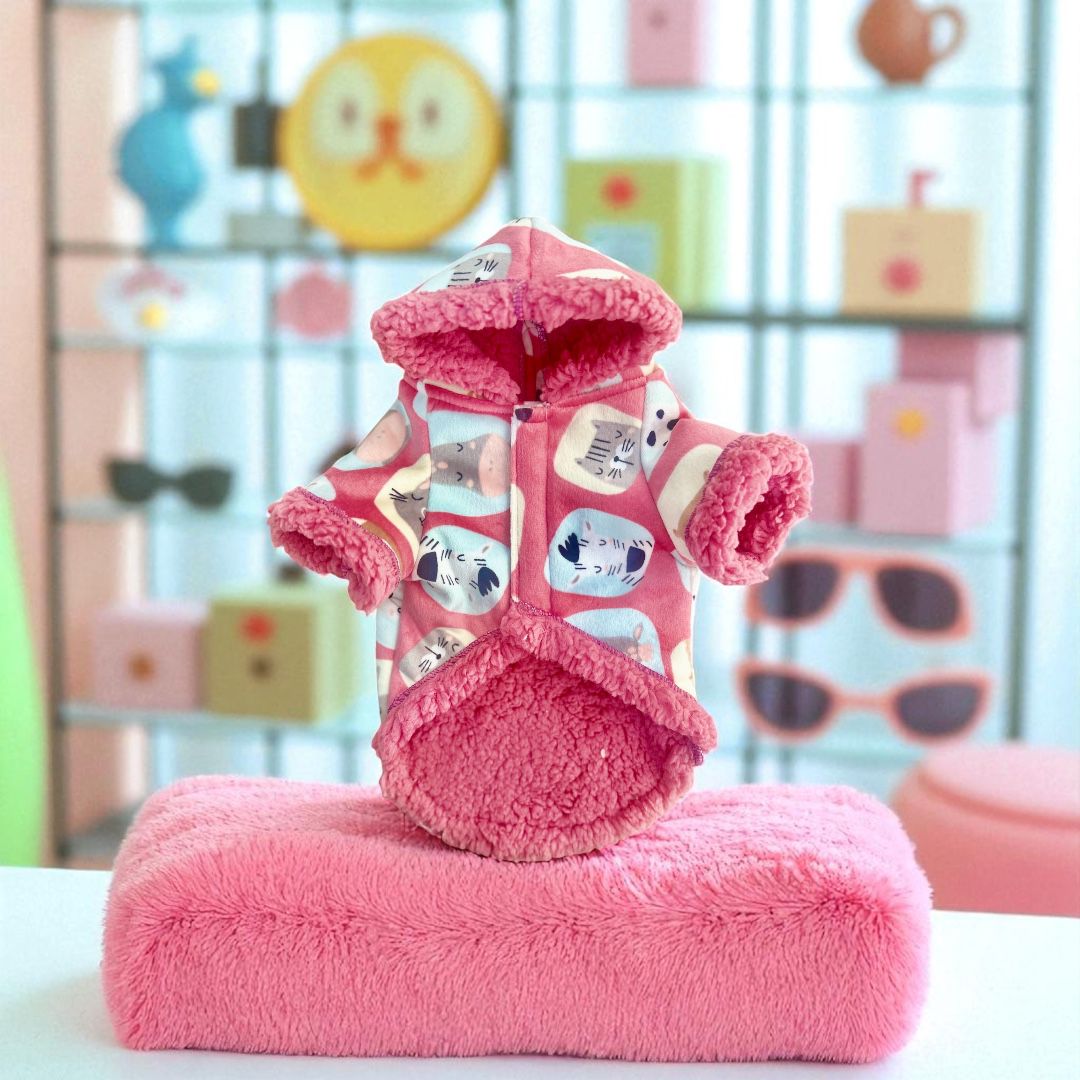 Chaqueta rosa sobre base afelpada color rosa claro zona de perros