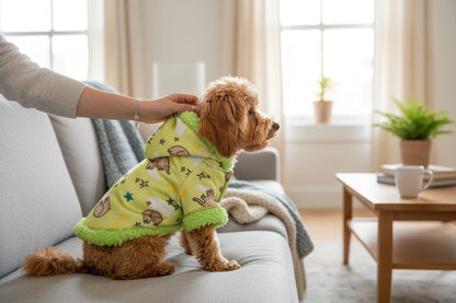 Perro pequeño usando chaqueta verde con estampado de elefantes y forro afelpado