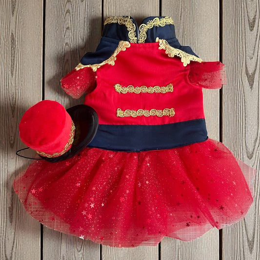 Vestido Casca con falda de tul rojo y bordados dorados sobre fondo de madera.