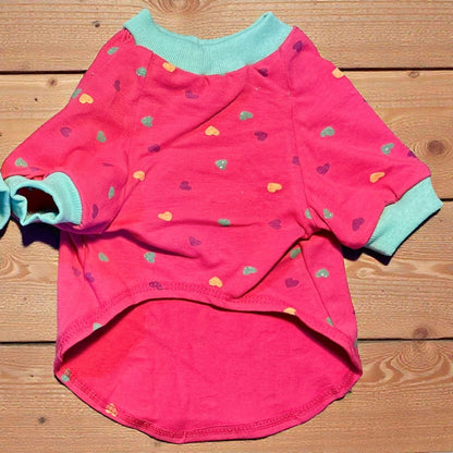 Diseño de playera para perro color rosa vibrante con estampado de corazones y ribetes turquesa