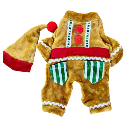 Traje completo para perro tipo galleta de jengibre, con bolsillos verdes y botones rojos.
