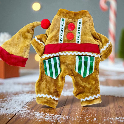 Disfraz navideño para perro tipo galleta de jengibre con gorro rojo y botones decorativos.
