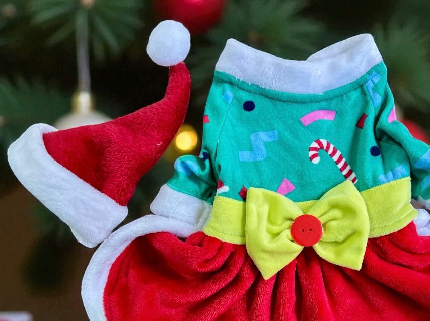 Vestido de elfa para perro con gorro navideño, felpa roja y bordes blancos.