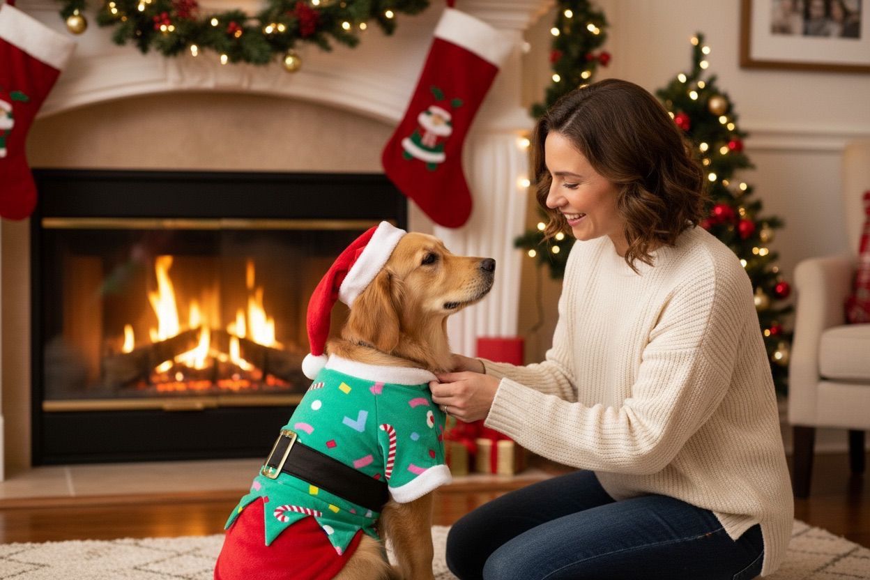 Mujer vistiéndo a su perro con disfraz de duende navideño frente a chimenea decorada