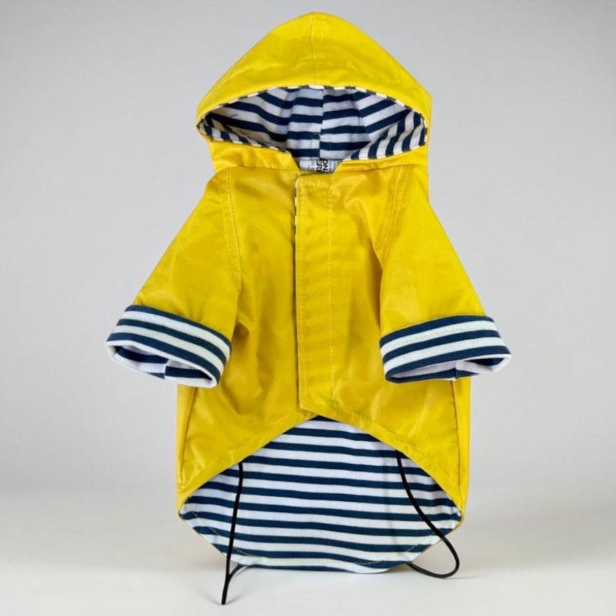 Foto 1
Impermeable amarillo para perro con gorro, vista frontal en día de lluvia