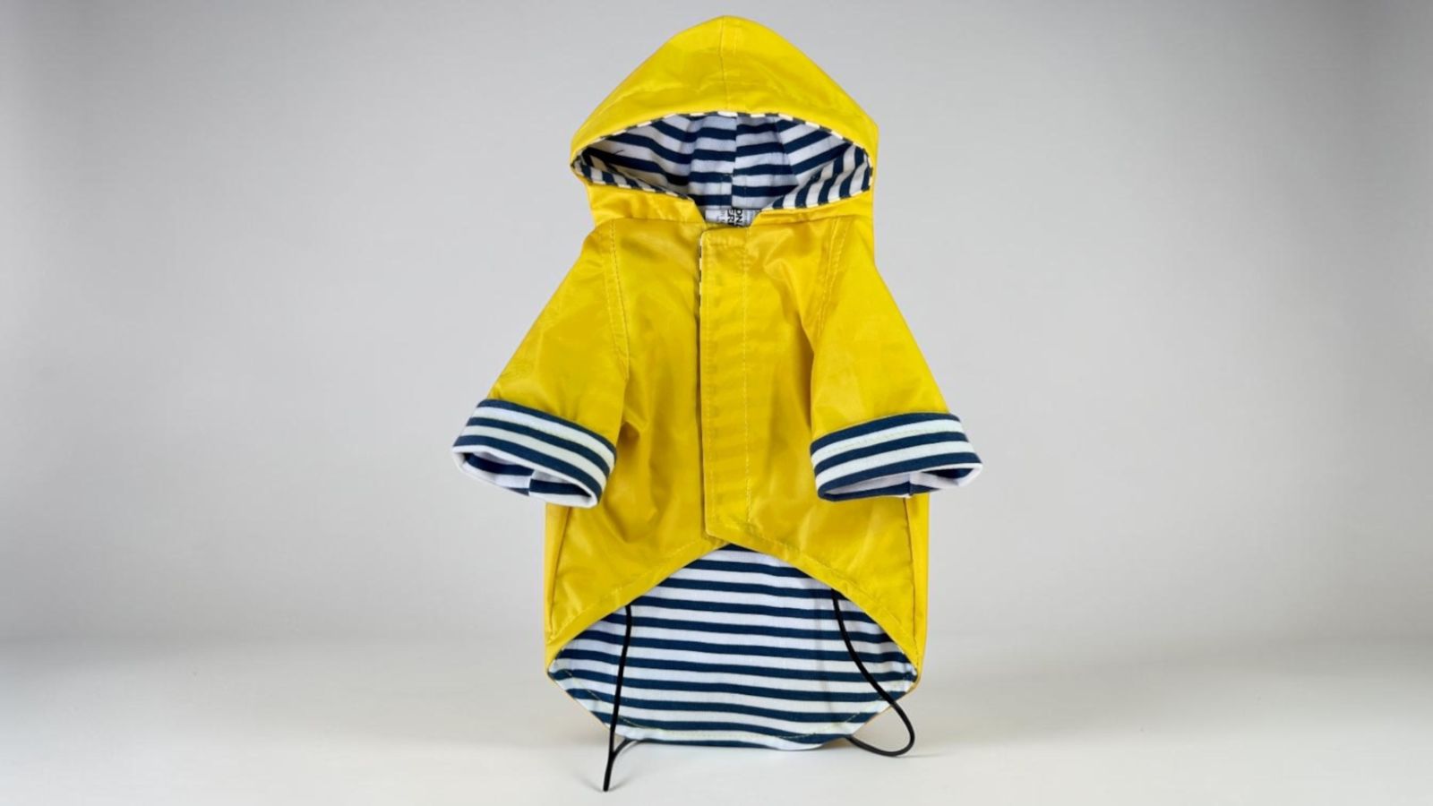 Foto 1
Impermeable amarillo para perro con gorro, vista frontal en día de lluvia