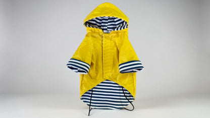 Foto 1
Impermeable amarillo para perro con gorro, vista frontal en día de lluvia