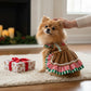 vestido navideño para perro chico, color caramelo con vuelo tricolor rojo, blanco y verde