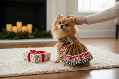 vestido navideño para perro chico, color caramelo con vuelo tricolor rojo, blanco y verde