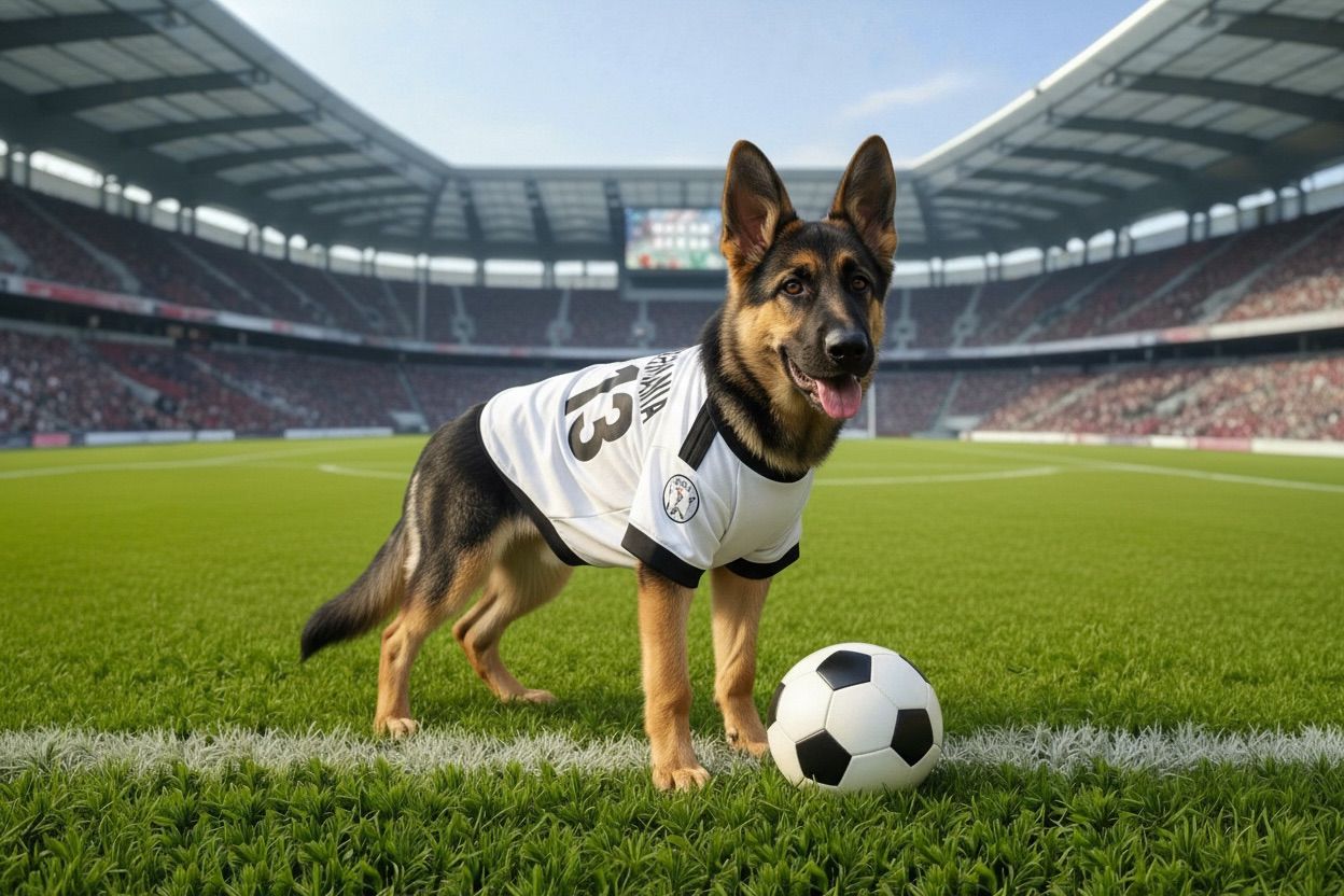 Perro Pastor Alemán usando la playera de la Selección de Alemania para perro edición Mundial 2026 de Zona de Perros en una cancha de fútbol