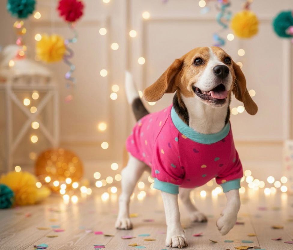 Perro beagle usando playera confetti love con cuello color menta