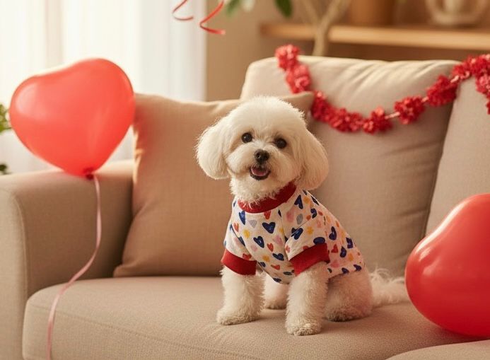 Perro pequeño descansando en sofá usando Happy Hearts con corazones de colores.