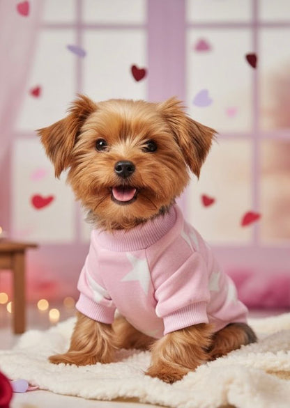 Perro pequeño raza Yorkie usando playera rosa Pink Star con estampado de estrella