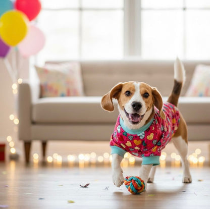 Perro beagle usando la playera Love Edition color rojo vibrante con estampado de corazones y cuello color menta