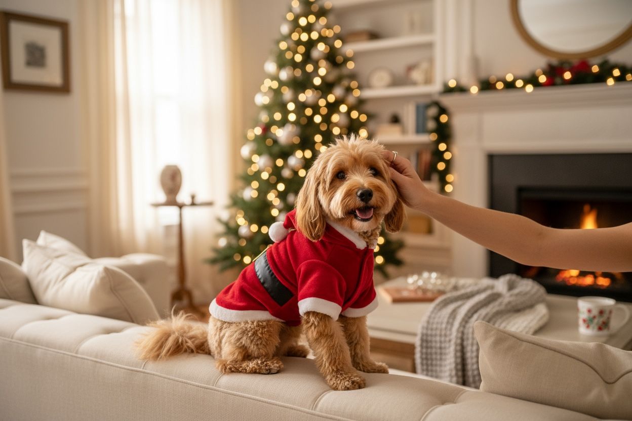 Santa Claus frente al árbol de Navidad, ambiente cálido y festivo