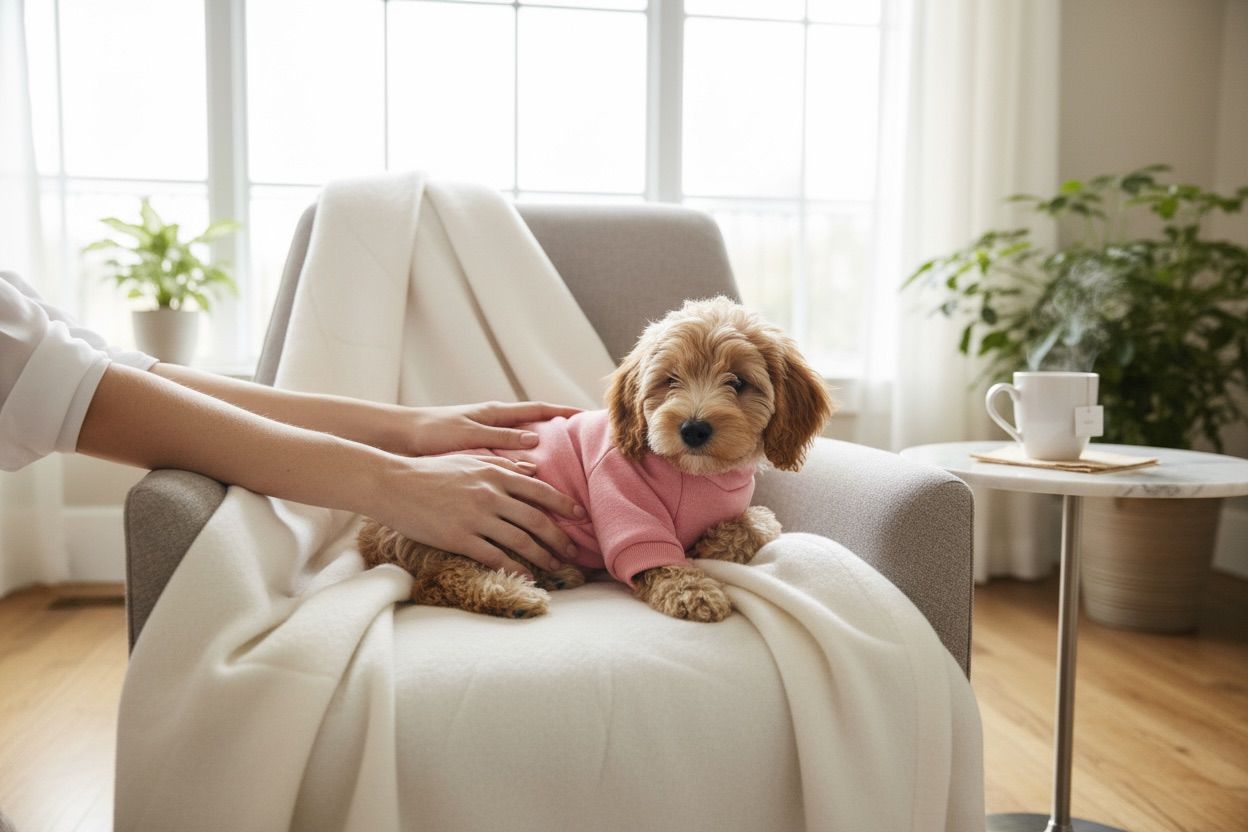 Perro pequeño descansando en sillón usando suéter oslo melón