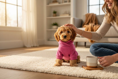 Perro pequeño usando sueter oslo rosa dentro de casa estilo moderno y femenino