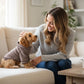 perro con sweater camel junto a su dueña en sillón, ropa cálida y moderna para mascotas, ideal para días fríos o de descanso en casa