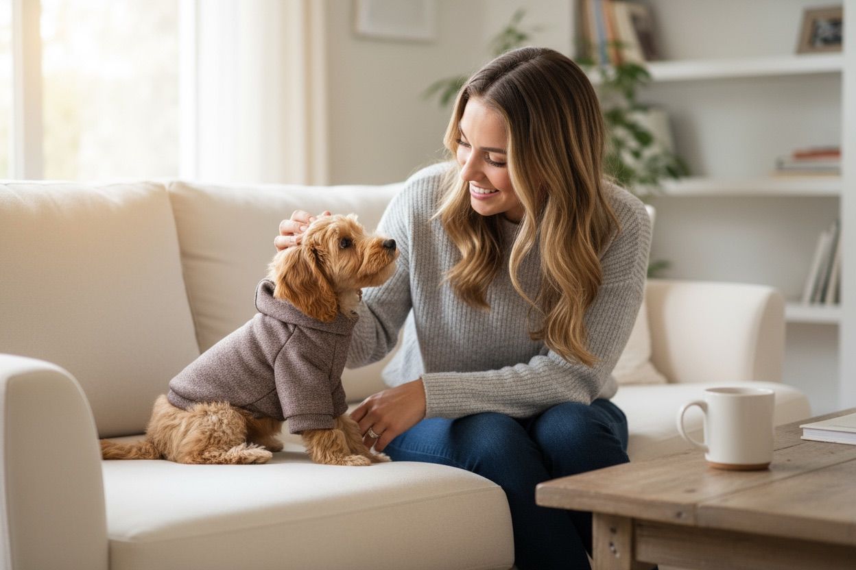 perro con sweater camel junto a su dueña en sillón, ropa cálida y moderna para mascotas, ideal para días fríos o de descanso en casa