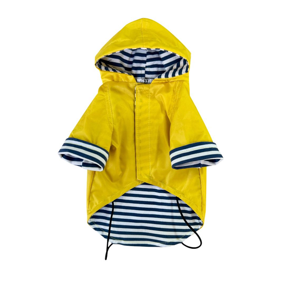 Foto 5
Impermeable para perro amarillo con forro a rayas, vista completa frontal y trasera