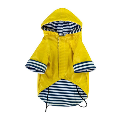 Foto 5
Impermeable para perro amarillo con forro a rayas, vista completa frontal y trasera