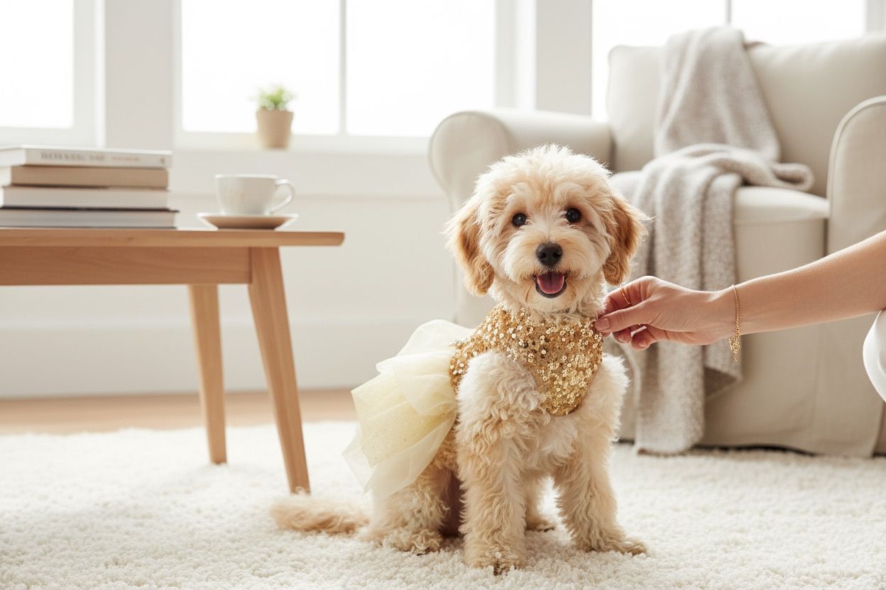 Perrita blanca usando vestido dorado con lentejuelas y falda de tul crema, sentada sobre alfombra clara en una sala moderna con muebles neutros.