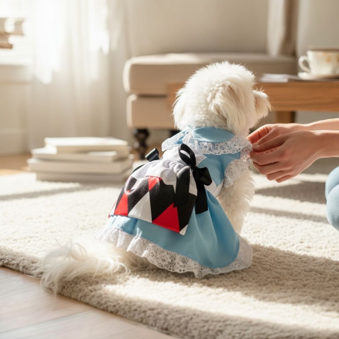 Perro pequeño con vestido azul alice zona de perros, diseño de encaja y moños negros, estilo romantico y clasico ideal para toda ocasion