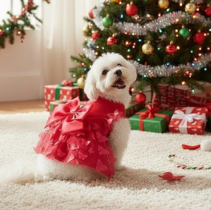 Vestido rosa para perro con moño y falda de tul
Descripción: Vista frontal del vestido completo, donde se aprecia el diseño general, el moño central y el volumen de la falda.
