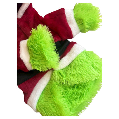 Vista completa del disfraz Grinch para perro, abrigo rojo con cinturón negro y detalles verdes.
