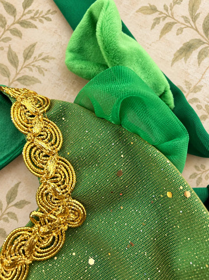 Detalle del vestido verde de Fiona para perrita, con tela brillante, bordados dorados y acabados elegantes inspirados en un vestido de princesa.