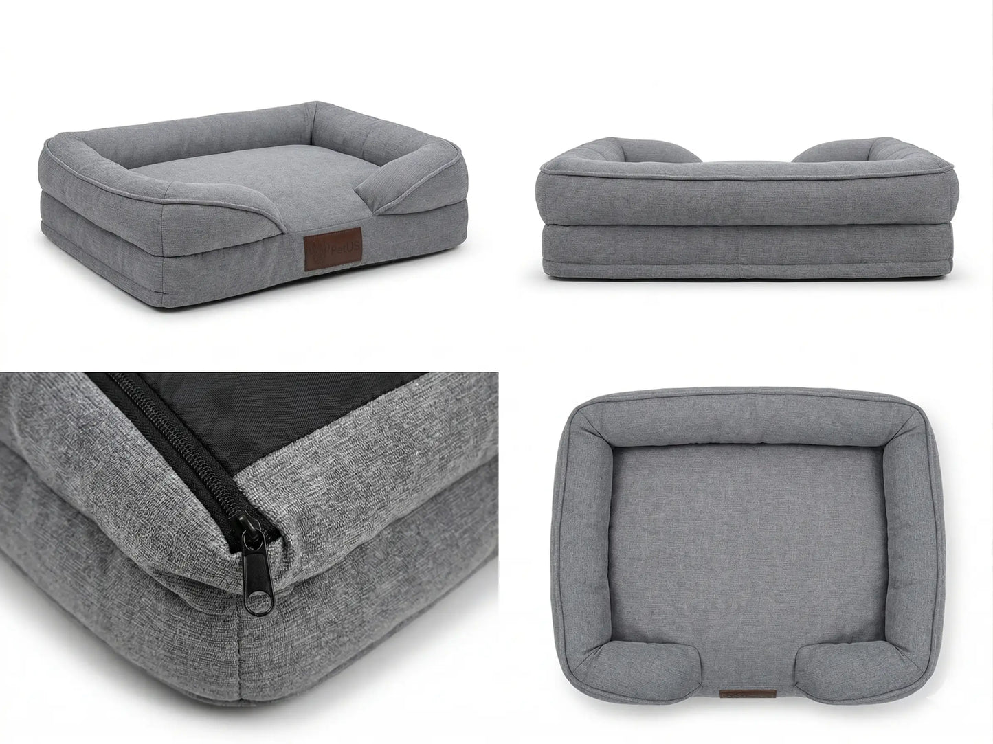 Detalles de fabricación de cama para perro gris: cierre reforzado, base antideslizante y costuras de alta calidad.