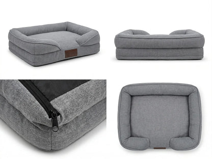 Detalles de fabricación de cama para perro gris: cierre reforzado, base antideslizante y costuras de alta calidad.